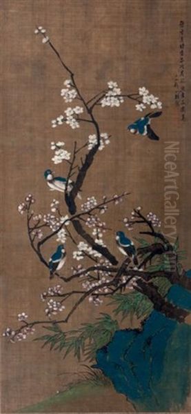 Grande Peinture Sur Textile Representant Quatre Oiseaux Sur Une Branche D'arbre Fruitier En Fleurs, Rocher Et Vegetations En Partie Basse Oil Painting by Zou Yigui