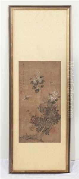 Flowers & Insects, Ink & Color On Silk, 19th Century Oil Painting by Zou Yigui