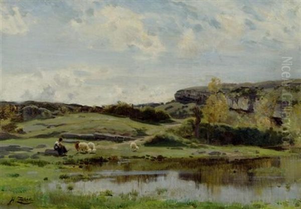 Schafe Mit Hirte In Einer Weiten Moorlandschaft Oil Painting by Jean Henri Zuber
