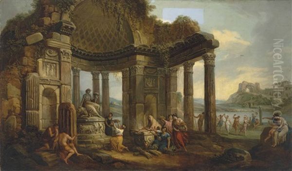 An Italian Capriccio With Figures Making A Sacrifice To Cybele In A Ruined Temple, Others Dancing On The Shore Beyond Oil Painting by Antonio Zucchi