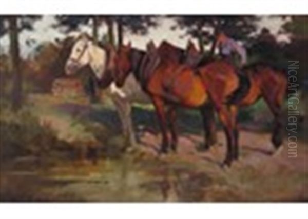 A Farmhand With Horses Watering At A Stream Oil Painting by Heinrich von Zuegel