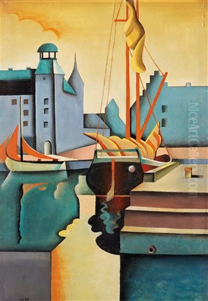 Malmo Hamn (malmo Harbor) Oil Painting by Bo Elson von Zweigbergk