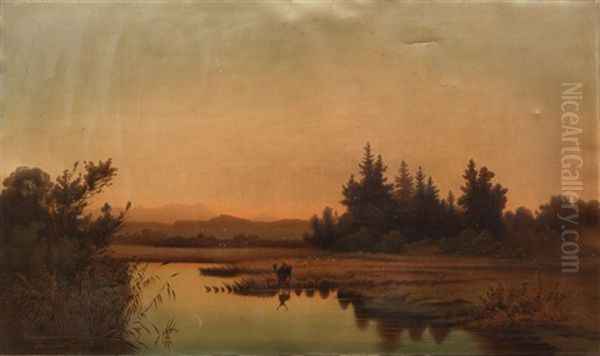 Hirsch Im Abendlichen Dachauer Moos Oil Painting by Anton Zwengauer the Elder