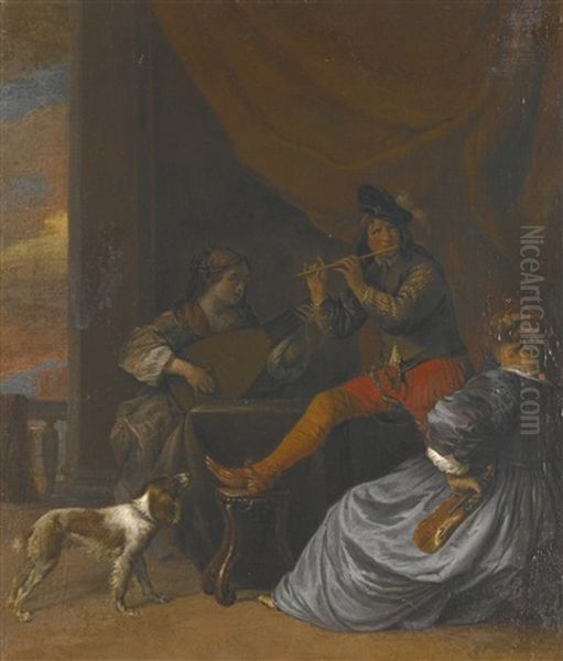 Musicians And A Dog In An Interior Oil Painting by Gerard Pietersz van Zyl