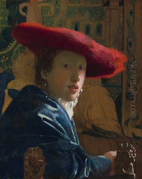 Girl with a Red Hat Oil Painting by Jan Vermeer Van Delft