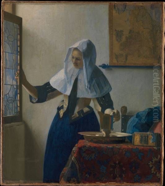 Woman with a Water Pitcher Oil Painting by Jan Vermeer Van Delft