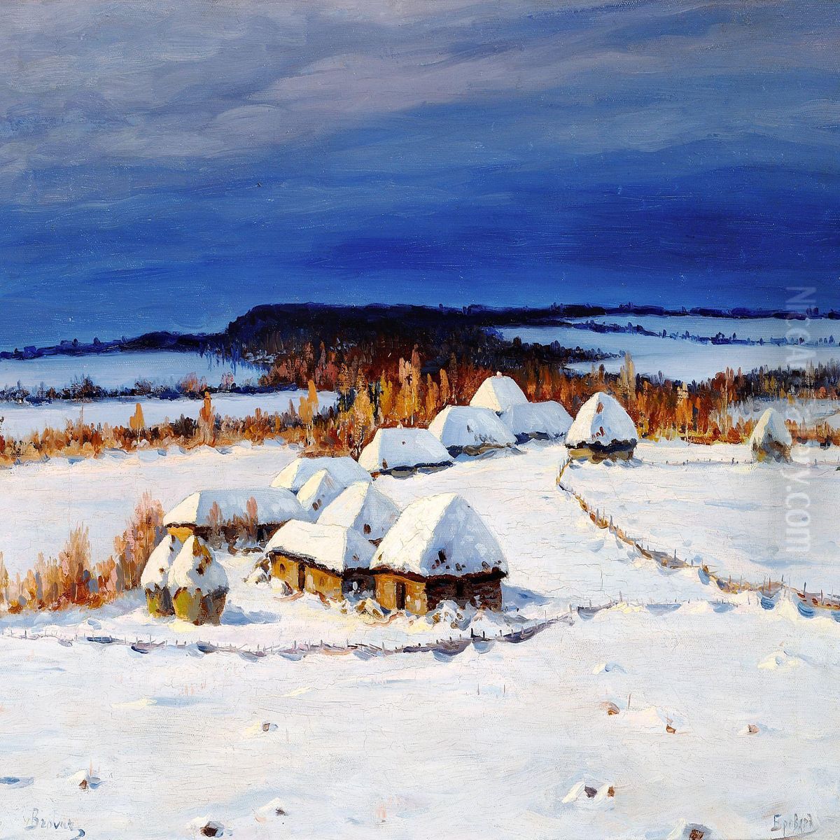 Moonlight Over A Winter Landscape Oil Painting by Jakov Ivanovic Brovar