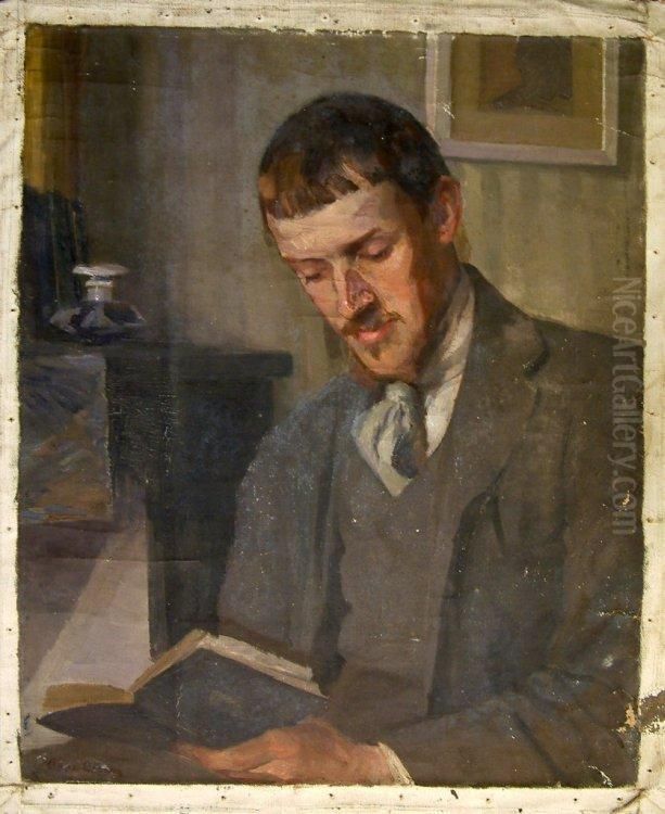 Portrait Of Ernest Yarrow-jones Reading A Book Oil Painting by Anna Wood Brown