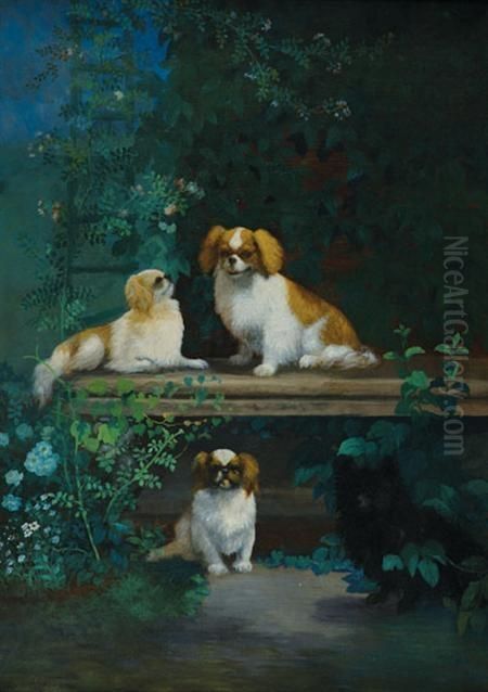 Three King Charles Spaniels Oil Painting by Joseph Randolph Brown