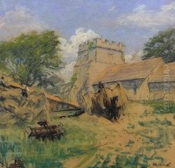 Haymaking By An Old Church Oil Painting by Belmore Browne