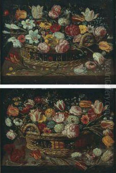 Natures Mortes Aux Paniers De Fleurs Sur Des Entablements Oil Painting by Ambrosius Brueghel