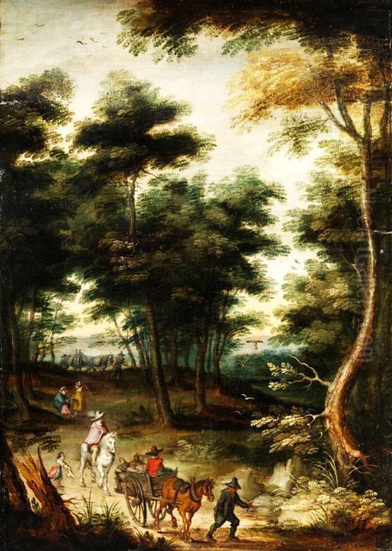 Pferdekarren Und Schimmelreiter Aufeinem Waldweg Oil Painting by Jan The Elder Brueghel