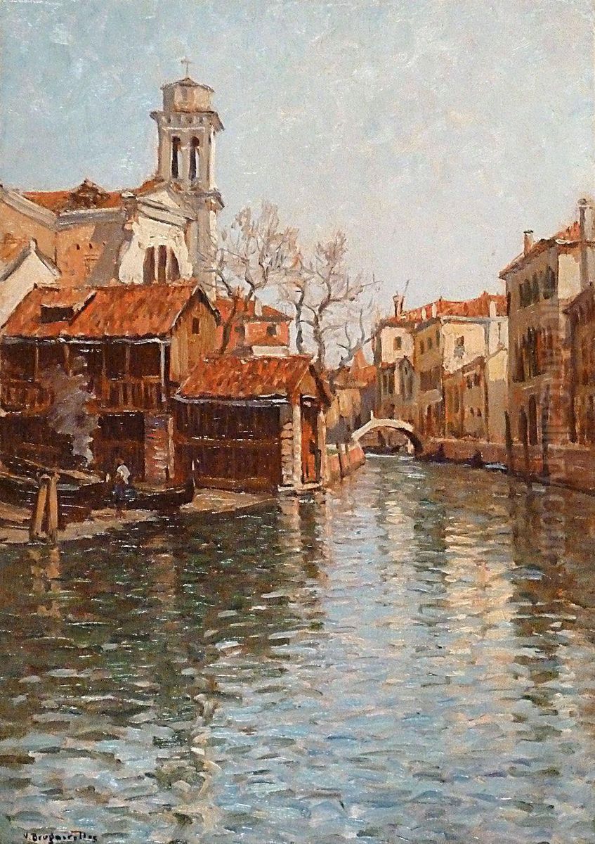 L'eglise San Trovaso Et L'atelier De Restauration Des Gondoles, Venise Oil Painting by Victor Brugairolles