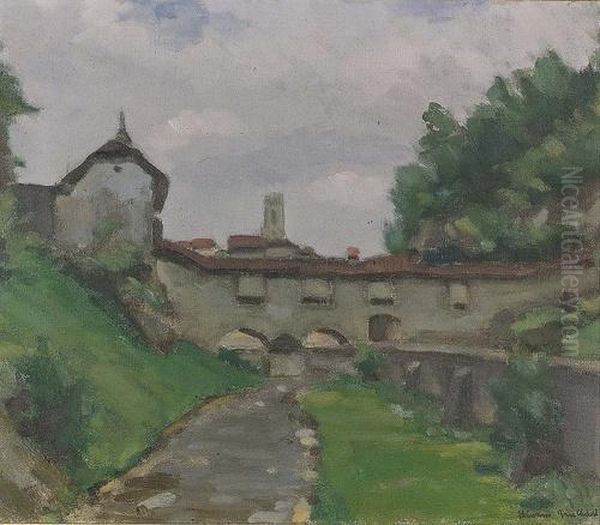 Stadtmauer Von Fribourg. Oil Painting by Ernest Hiram Brulhard