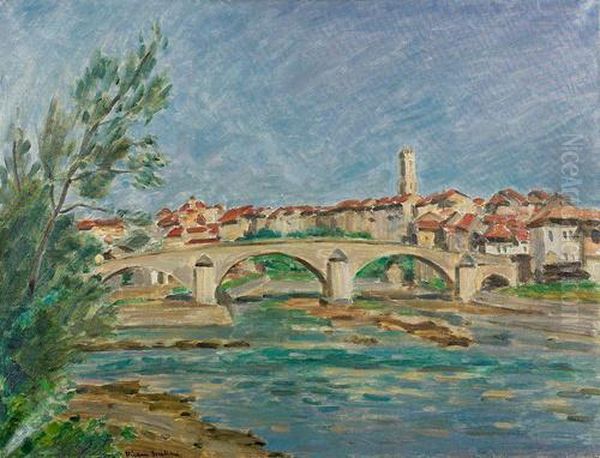 Ansicht Von Fribourg Und Dem Pont Du Milieu. Oil Painting by Ernest Hiram Brulhard
