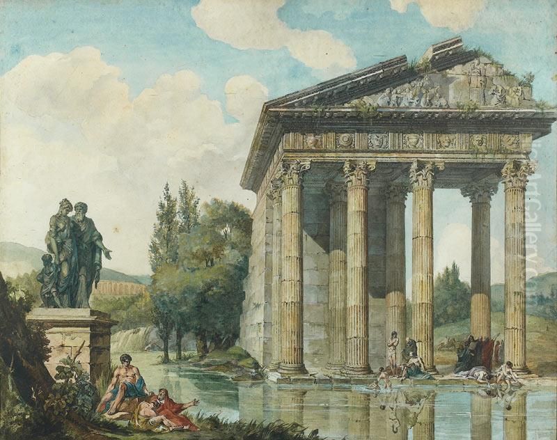Groupe De Personnages Pres D'un Temple. Oil Painting by Louis Auguste Brun De Versoix