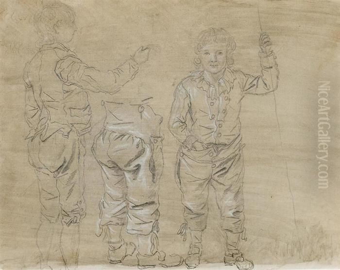 Study Of Three Boys. Verso: Woman On Horse, Seen From Behind. Oil Painting by Louis-Auguste Brun