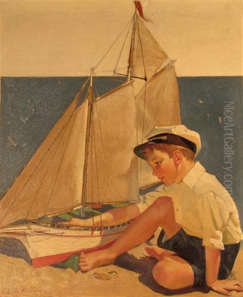Boy With Toy Sailboat Oil Painting by Frederick Sands Brunner
