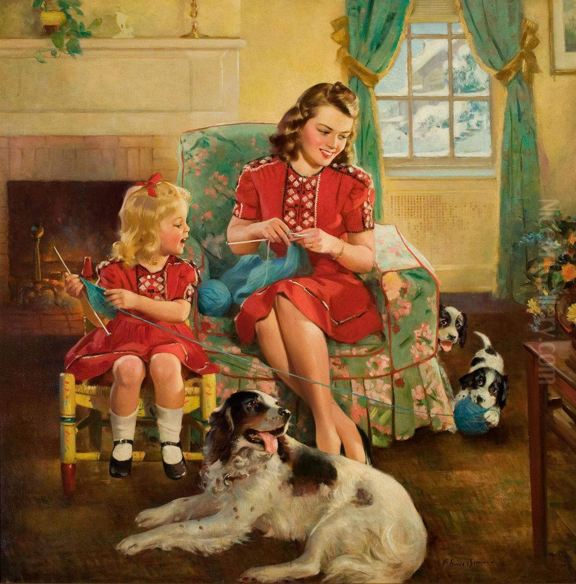 The Knitting Lesson Oil Painting by Frederick Sands Brunner