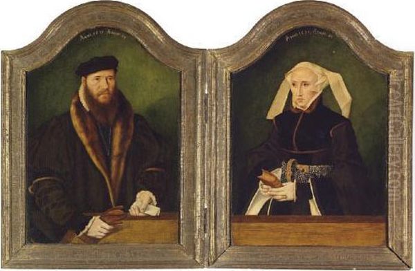A Diptych: Portrait Of A Gentleman, Half-length, In A Fur-lined Coat, With Leather Gloves And A Letter In His Hand; And Portrait Of A Lady, Half-length, In A Black Dress And Pearl Encrusted Belt, Holding A Book Oil Painting by Bartholomaeus, the Elder Bruyn