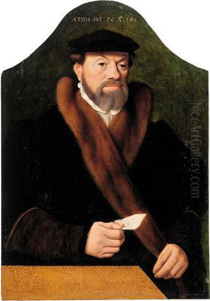 Portrait Of A Gentleman, Half-length, In A Black Coat With A Furcollar And A Black Hat, A Letter In His Right Hand: And Portrait Ofhis Wife, Half-length, In A Black Coat With White Lining, Anembroidered Belt And A Head-dress, Holding A Rosary Oil Painting by Bartholomaeus, the Elder Bruyn