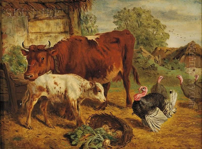Barnyard With Cows And Turkeys Oil Painting by Henry Charles Bryant