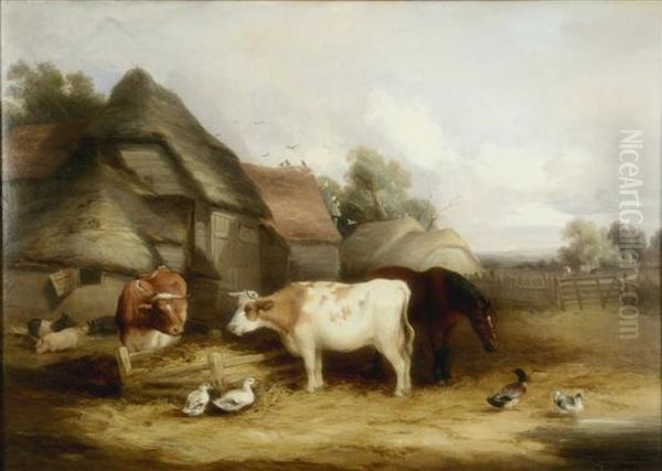 Stable Yard With Cattle, Pigs And Ducks Oil Painting by Henry Charles Bryant