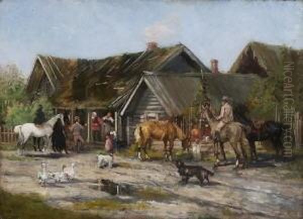 Rastende Reiter Vor Einem Russischen Bauernhaus. Oil Painting by Robert Buchtger
