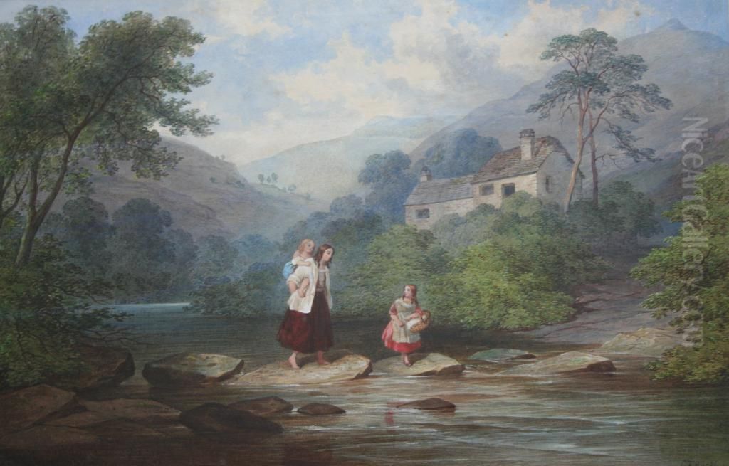 A Country Family On Stepping Stones Oil Painting by Charles Frederick Buckley