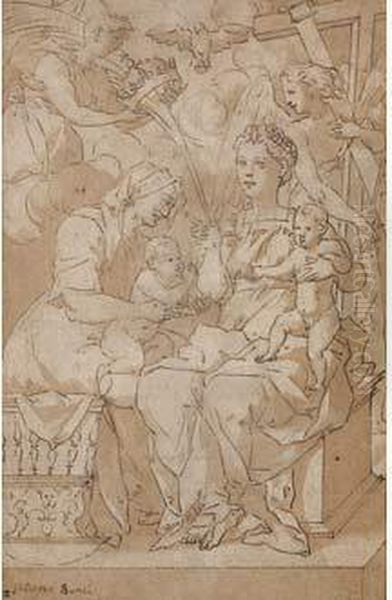 La Vierge A L'enfant Avec Sainte Elisabeth Et Saint Jean-baptiste, Les Anges Portant Les Instruments De La Passion Oil Painting by Jacob Bunel