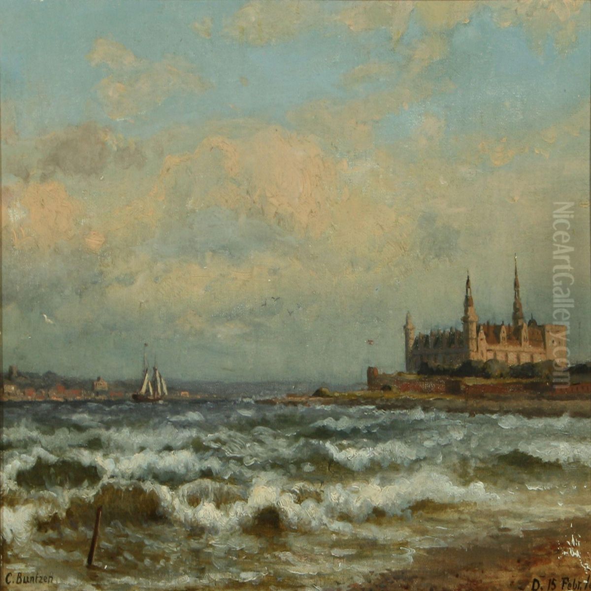 Sailling Ship With Kronborg On The Starboard Side Oil Painting by Carl Buntzen