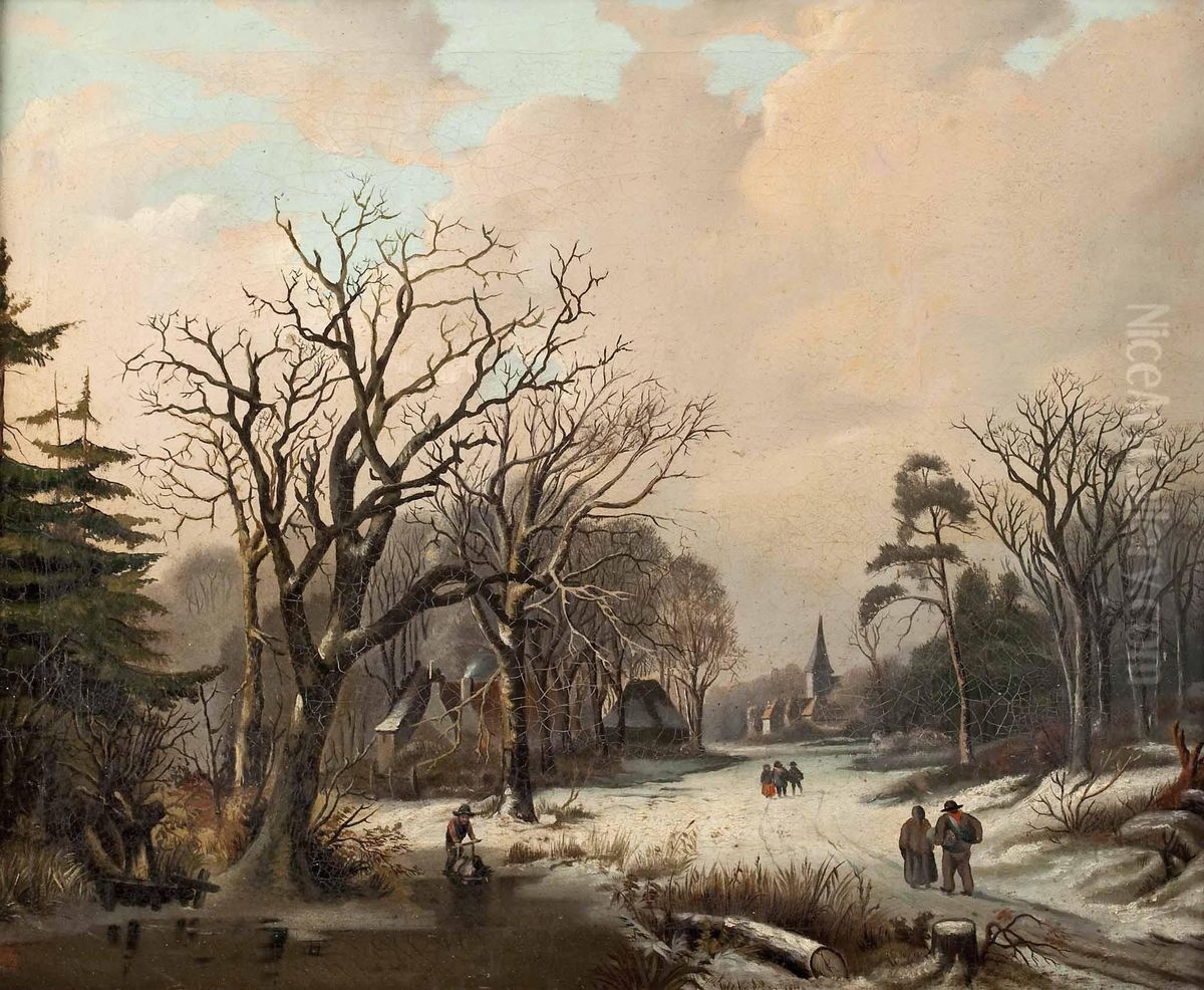 Winterlandschaft Mit Dorf Und Personenstaffage Oil Painting by Karl Bunzl