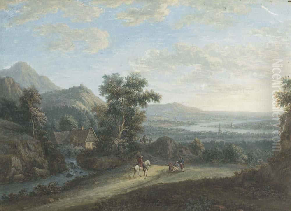 Gegenstucke: Zwei Flusslandschaften Mit Personenstaffagen Im Vordergrund. Oil Painting by Jakob Burgi