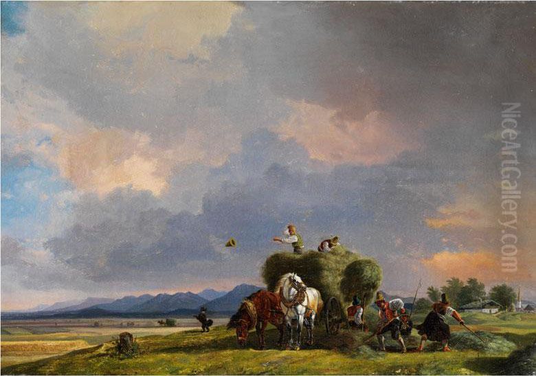 Aufkommendes Gewitter Bei Der Heuernte Oil Painting by Heinrich Burkel