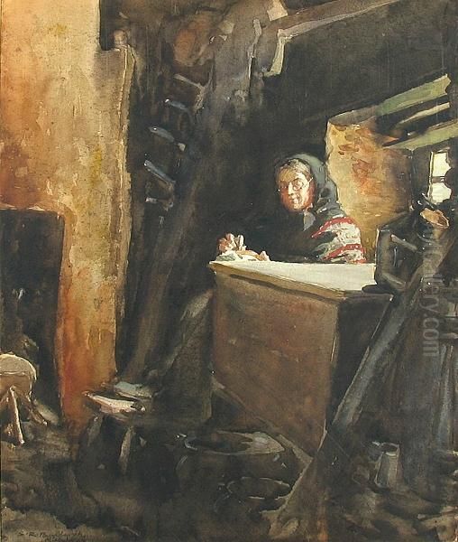 An Interior Scene With A Woman Sewing By A Window Oil Painting by Sydney Richmond Burleigh