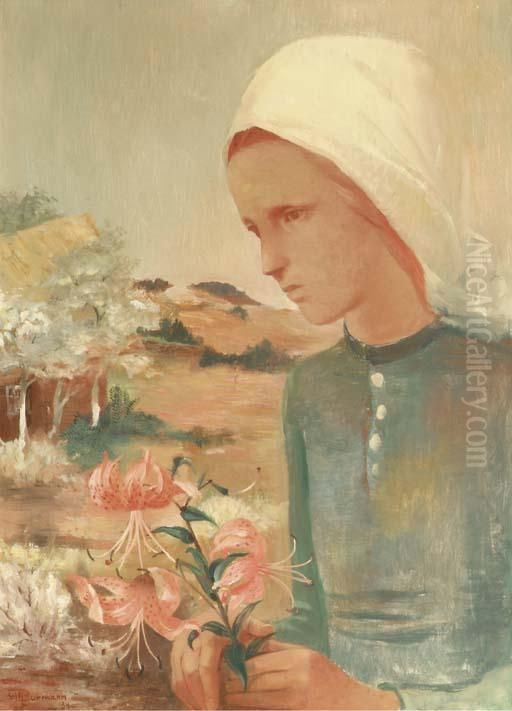Madchen Mit Feuerlilien - Girl With Lillies Oil Painting by Fritz Burmann