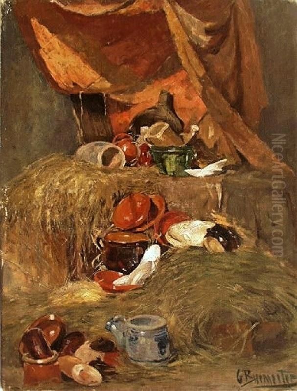 Stilleben Mit Bunzlauer Kruken Im Heuschober Oil Painting by Georg Burmester