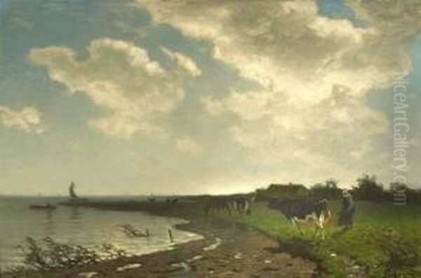 Hollandische Uferlandschaft. Oil Painting by Richard Burnier