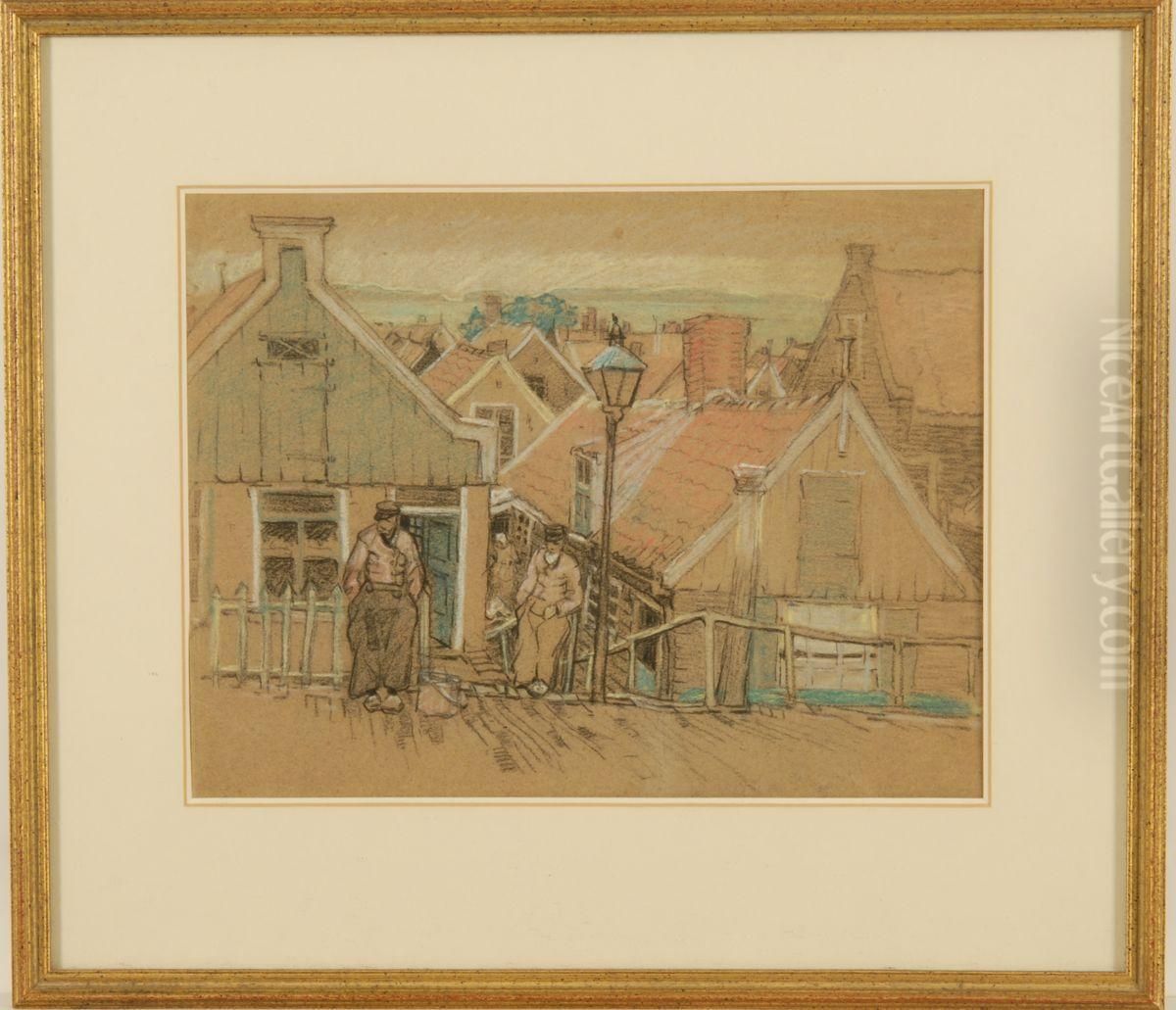 Depicting Figures In A Dutch Fishing Village Oil Painting by George Brainerd Burr