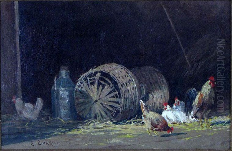 Hens And Rooster Oil Painting by Edward E. Burrill