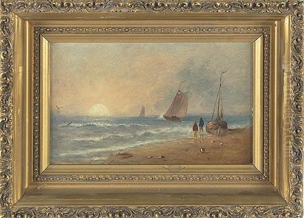 Shore Scene At Sunrise With Several Boats Heading Offshore Oil Painting by Henry Proctor Burt