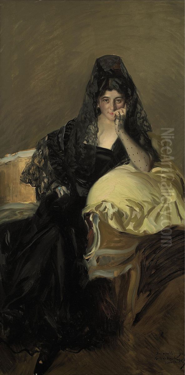 Portrait of Senora de Urcola wearing a black Mantilla Oil Painting by Joaquin Sorolla