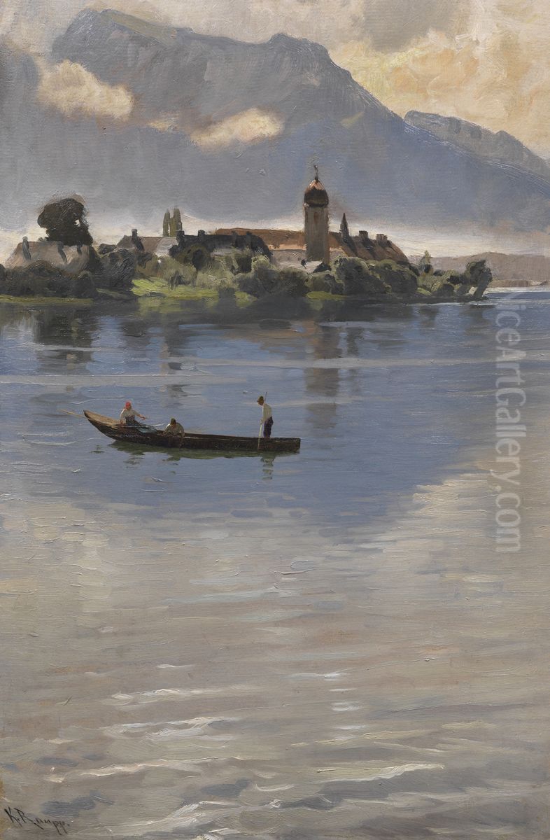 Kahnfahrt auf dem Chiemsee vor der Fraueninsel. Oil Painting by Karl Raupp