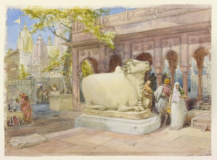 The Bull Nandi in the courtyard of the Golden Temple, Benares Oil Painting by William Simpson