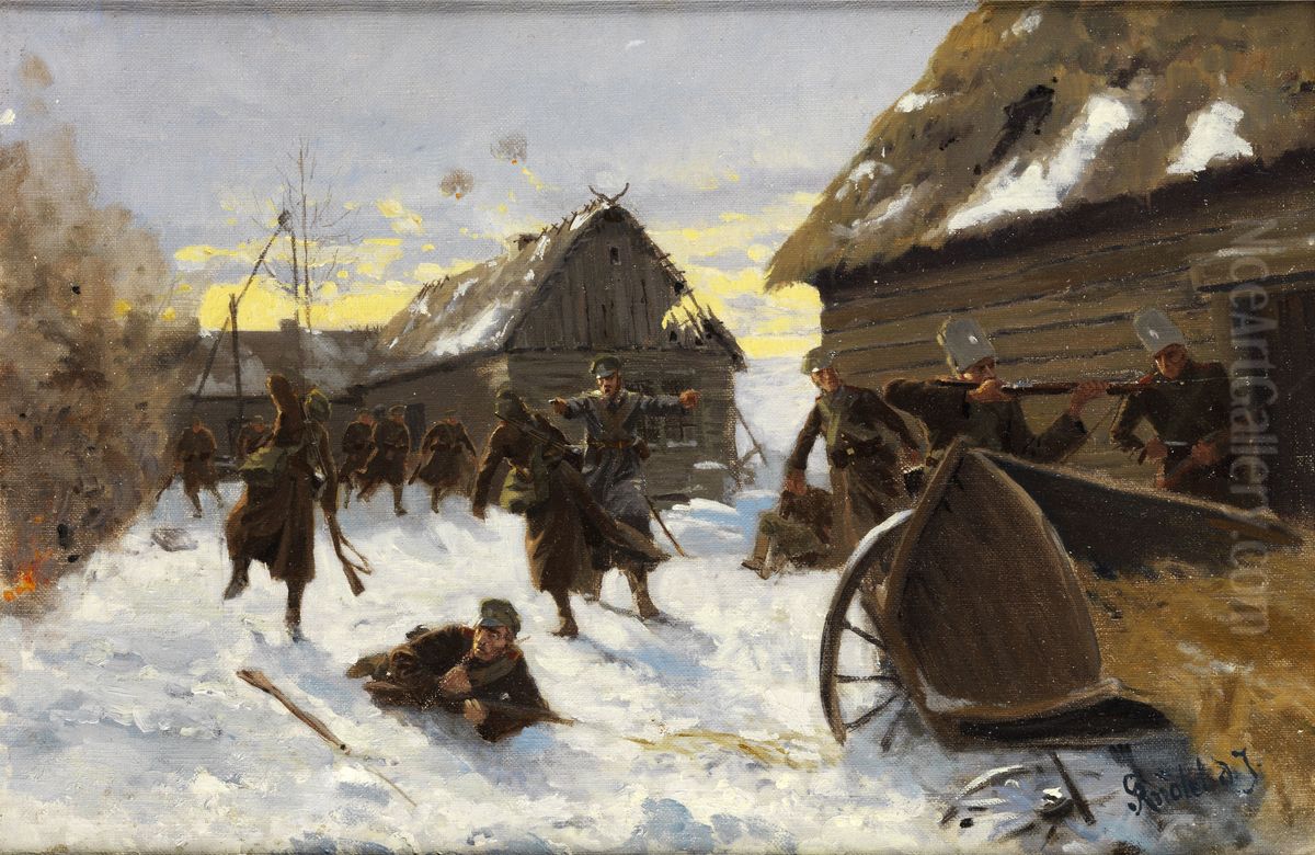 Kriegsgefecht in einem verschneiten Dorf Oil Painting by Richard Knotel