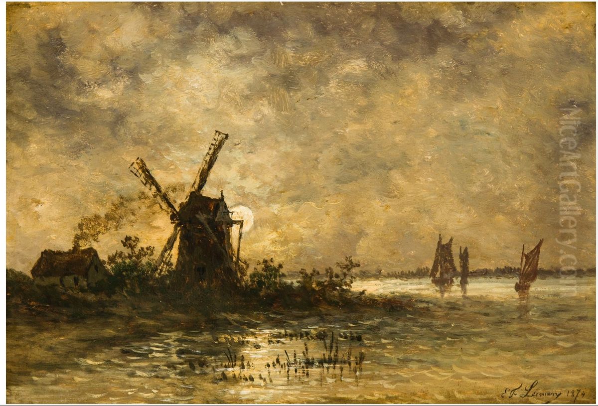 River view in moonlight Oil Painting by Egide Francois Leemans