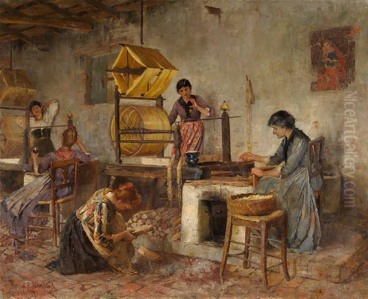 Italian woman with Spinners weasels (clock reels) Oil Painting by unknown
