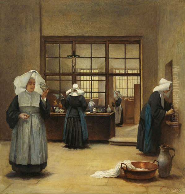 The Couvent DispensaryorNuns at Work in the Cloister Oil Painting by Henriette, Hon. R.I. Browne
