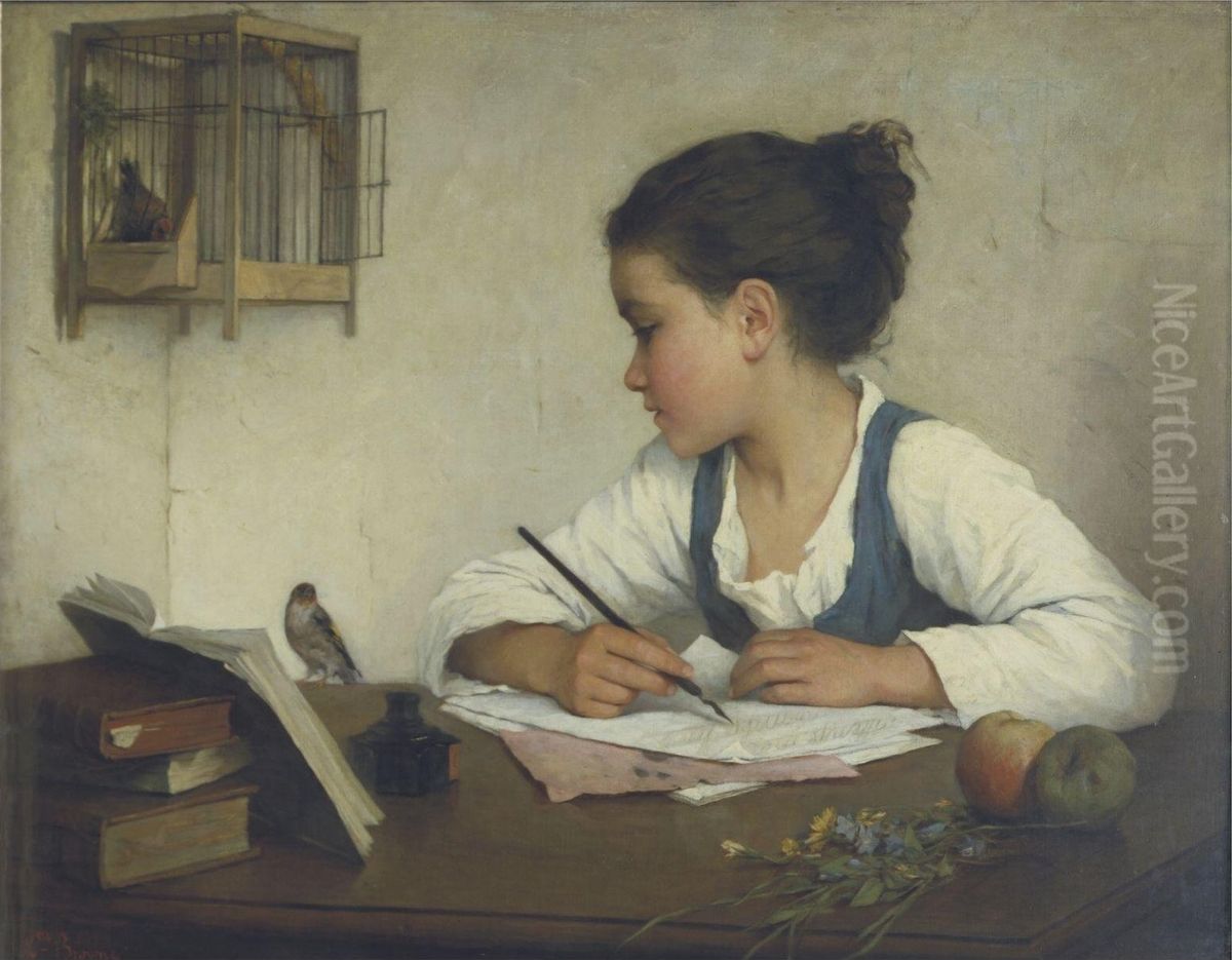 A Girl Writing; The Pet Goldfinch Oil Painting by Henriette, Hon. R.I. Browne