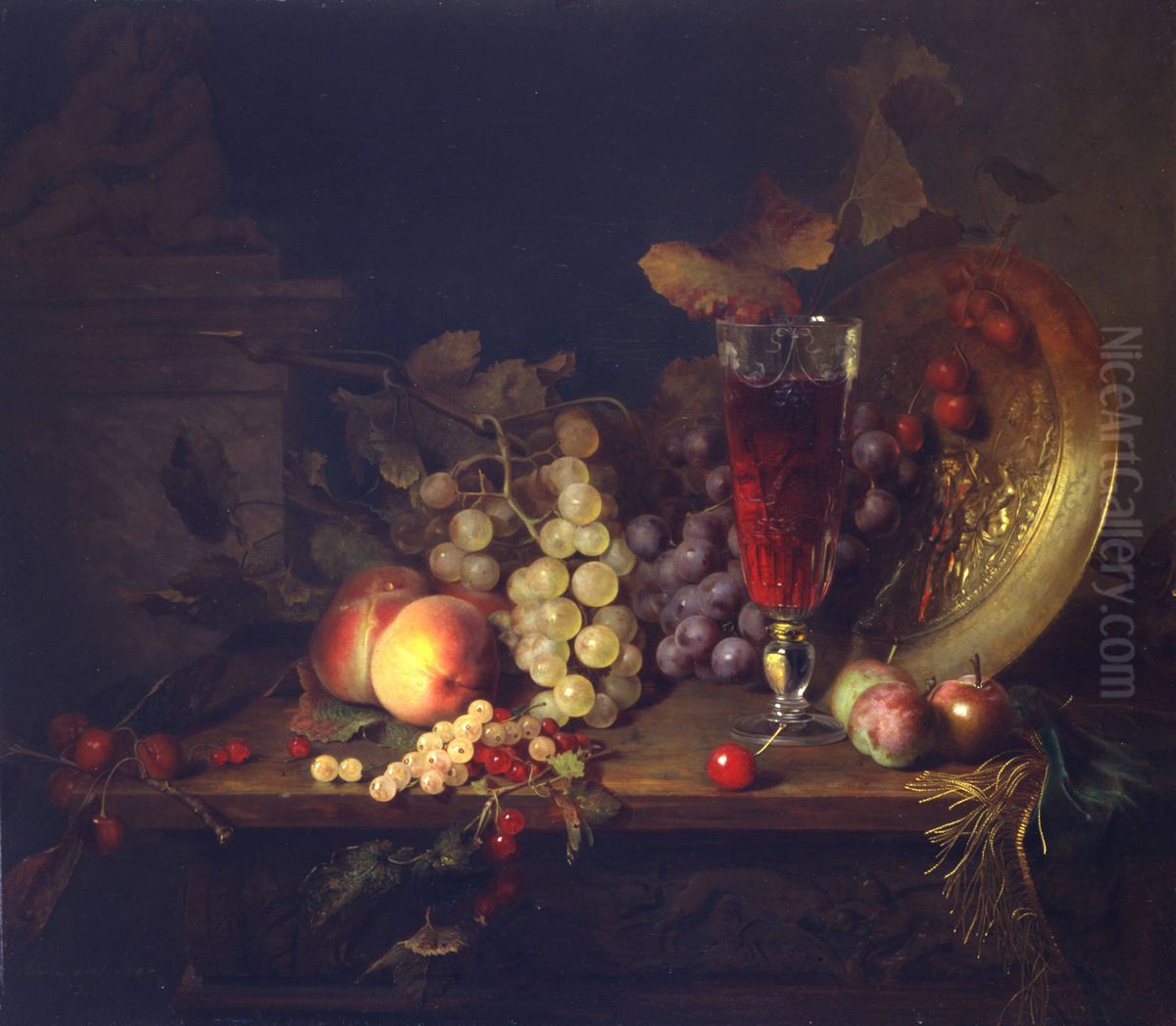 Still Life With Fruit, a Glass of Wine and a Bronze VesselFrancais : Nature morte aux fruits, a la coupe de vin et a la vaisselle en bronze Oil Painting by Blaise Alexandre Desgoffe